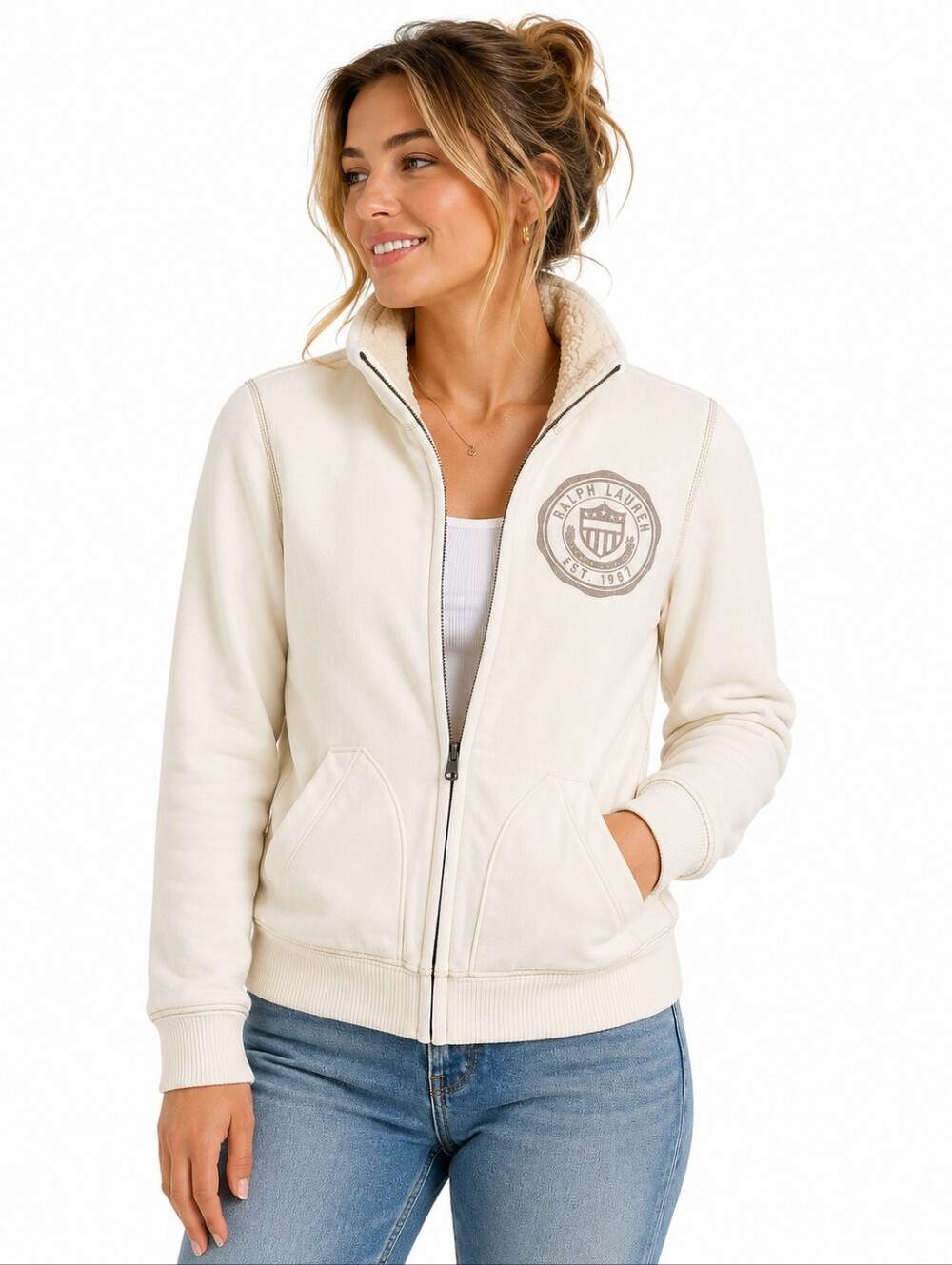 Polo Jeans Co Ralph Lauren Sherpa Lined Full Zip Sweatshirt Jacket Cream Size